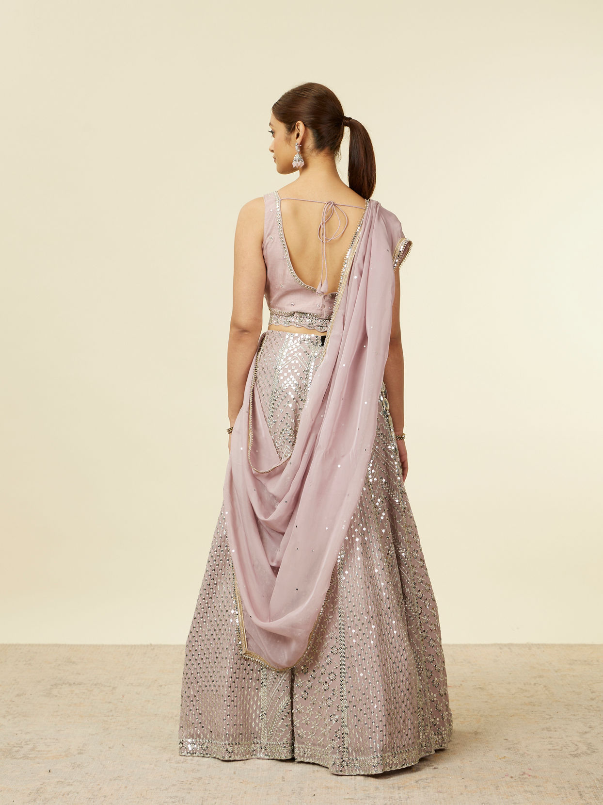 Mohey Women Purple Sequinned Chevron Patterned Crop Top Lehenga with Mirror Work