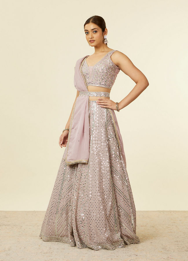 Mohey Women Purple Sequinned Chevron Patterned Crop Top Lehenga with Mirror Work