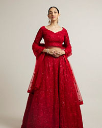 Mohey Women Ruby Red Floral Embroidered Crop Top Lehenga