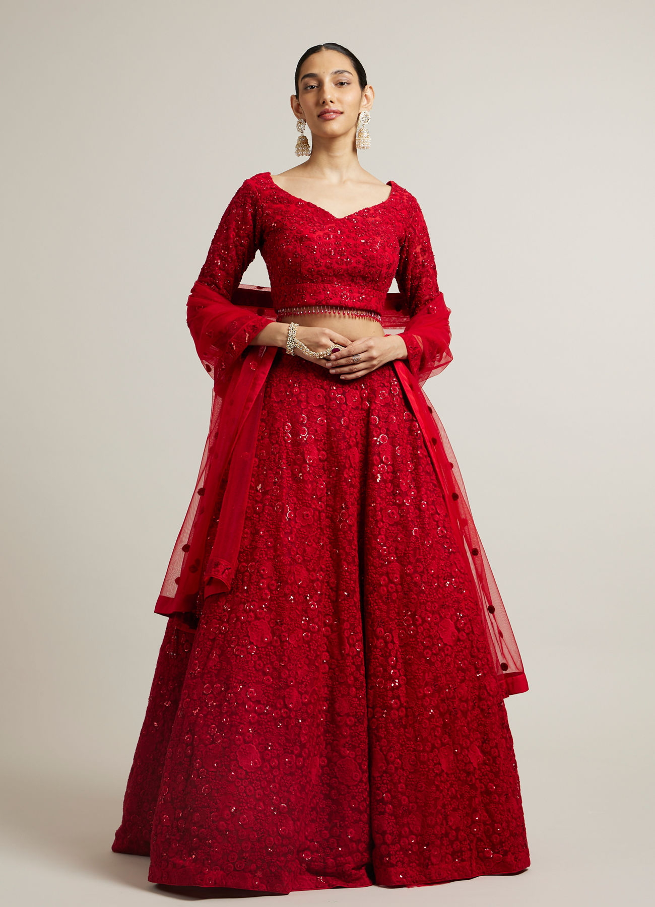 Mohey Women Ruby Red Floral Embroidered Crop Top Lehenga