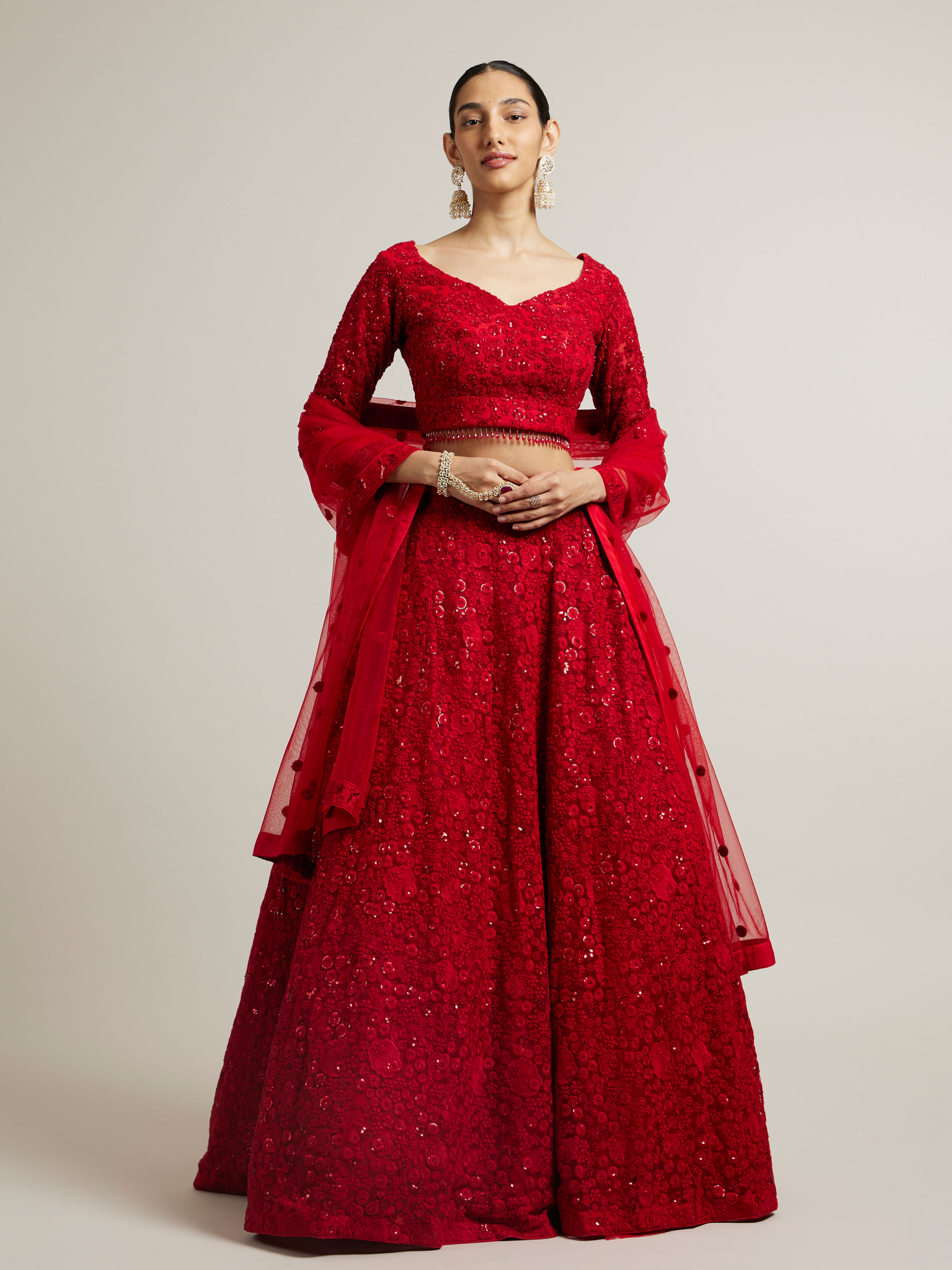 Mohey Women Ruby Red Floral Embroidered Crop Top Lehenga