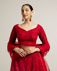 Mohey Women Ruby Red Floral Embroidered Crop Top Lehenga