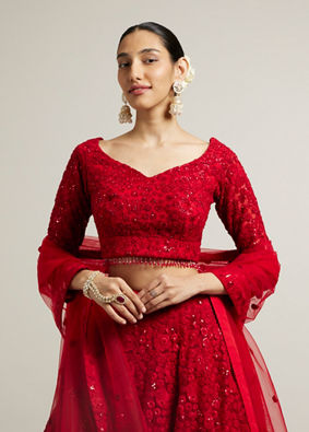 alt message - Mohey Women Ruby Red Floral Embroidered Crop Top Lehenga image number 1