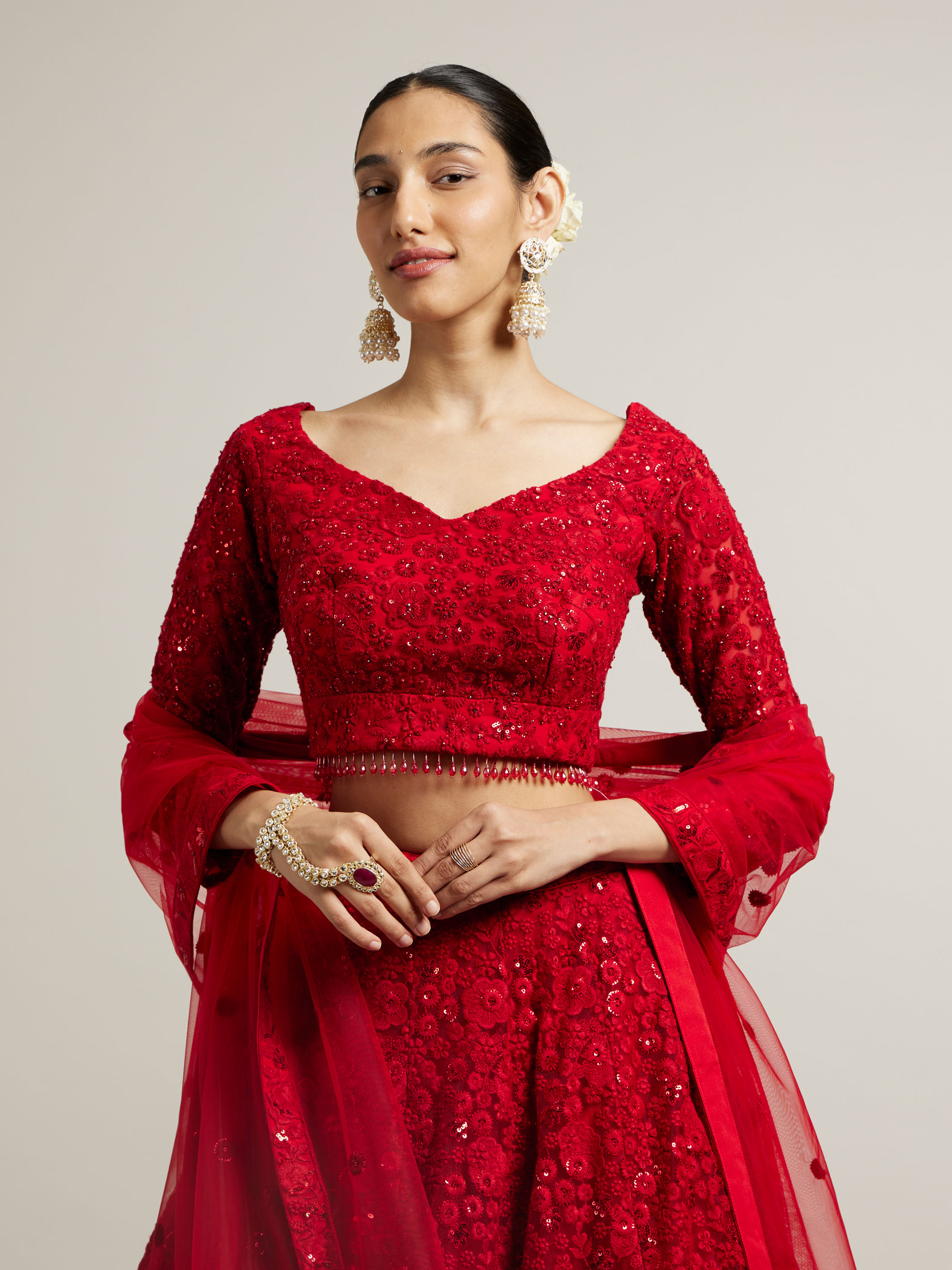 Mohey Women Ruby Red Floral Embroidered Crop Top Lehenga