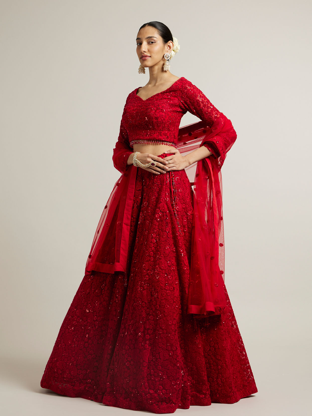 Mohey Women Ruby Red Floral Embroidered Crop Top Lehenga