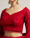 alt message - Mohey Women Ruby Red Floral Embroidered Crop Top Lehenga image number 3