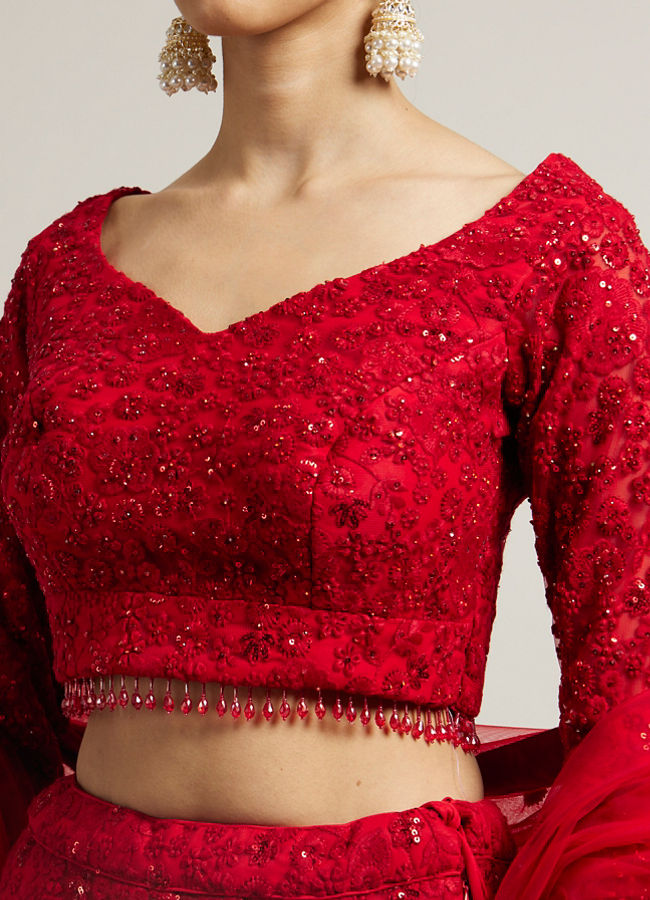 alt message - Mohey Women Ruby Red Floral Embroidered Crop Top Lehenga image number 3