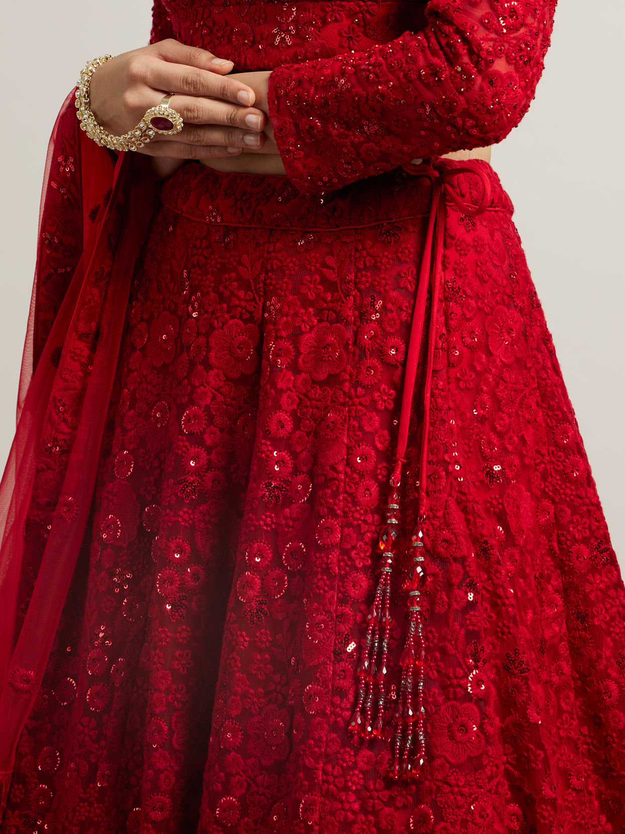Mohey Women Ruby Red Floral Embroidered Crop Top Lehenga