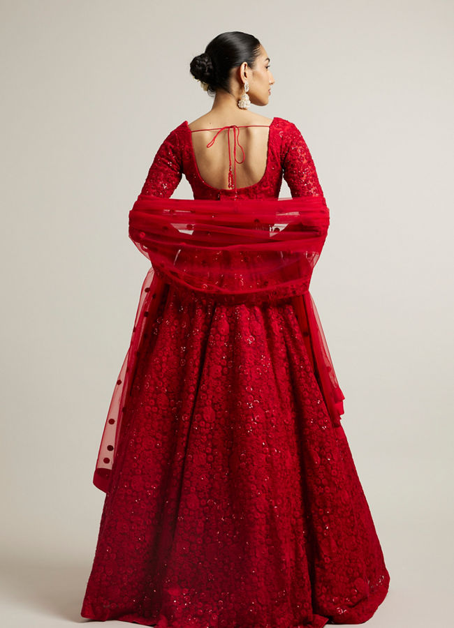 Mohey Women Ruby Red Floral Embroidered Crop Top Lehenga