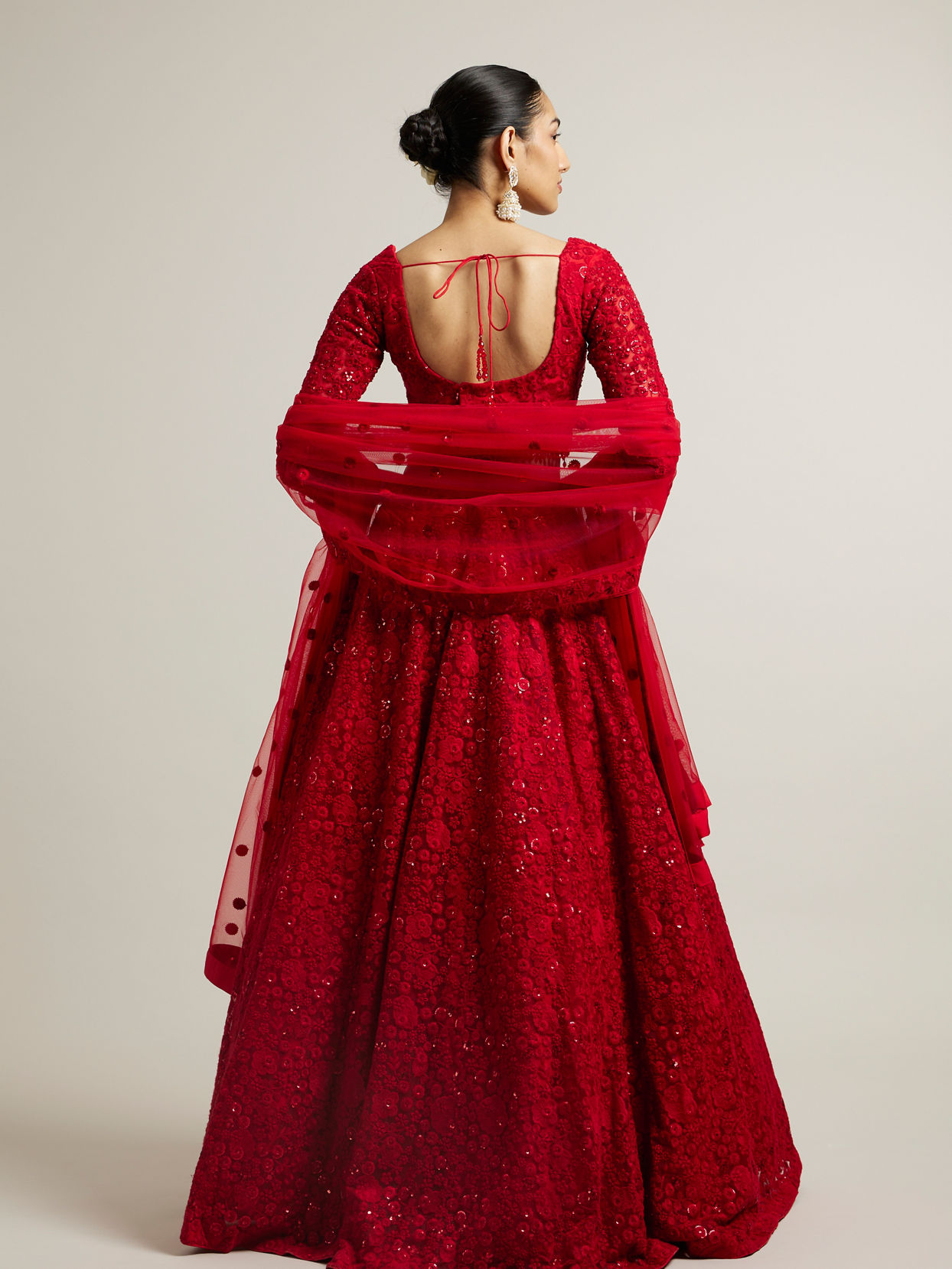 Mohey Women Ruby Red Floral Embroidered Crop Top Lehenga