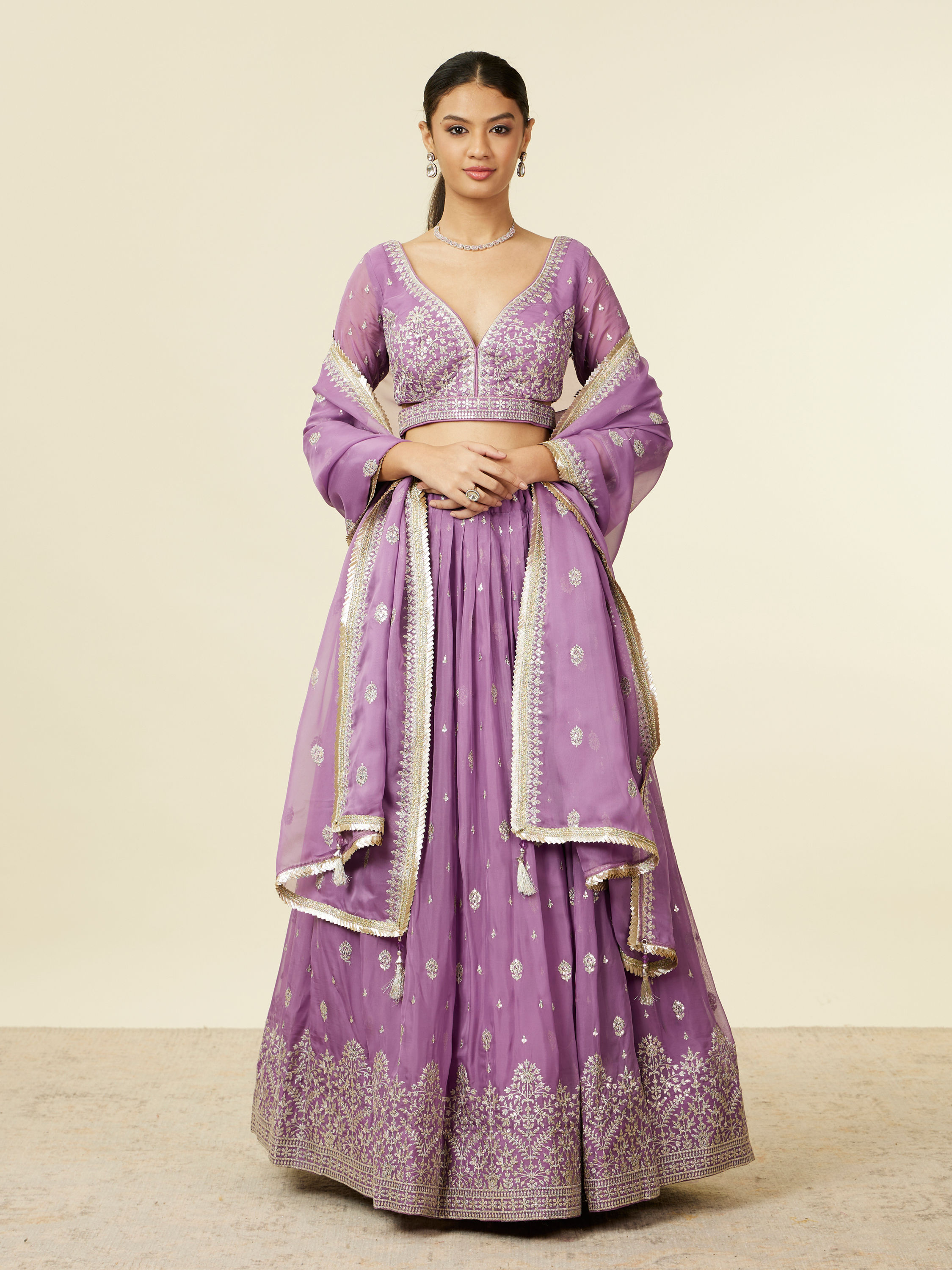 Mohey Women Purple Bel Buti Floral Patterned Lehenga Lehenga