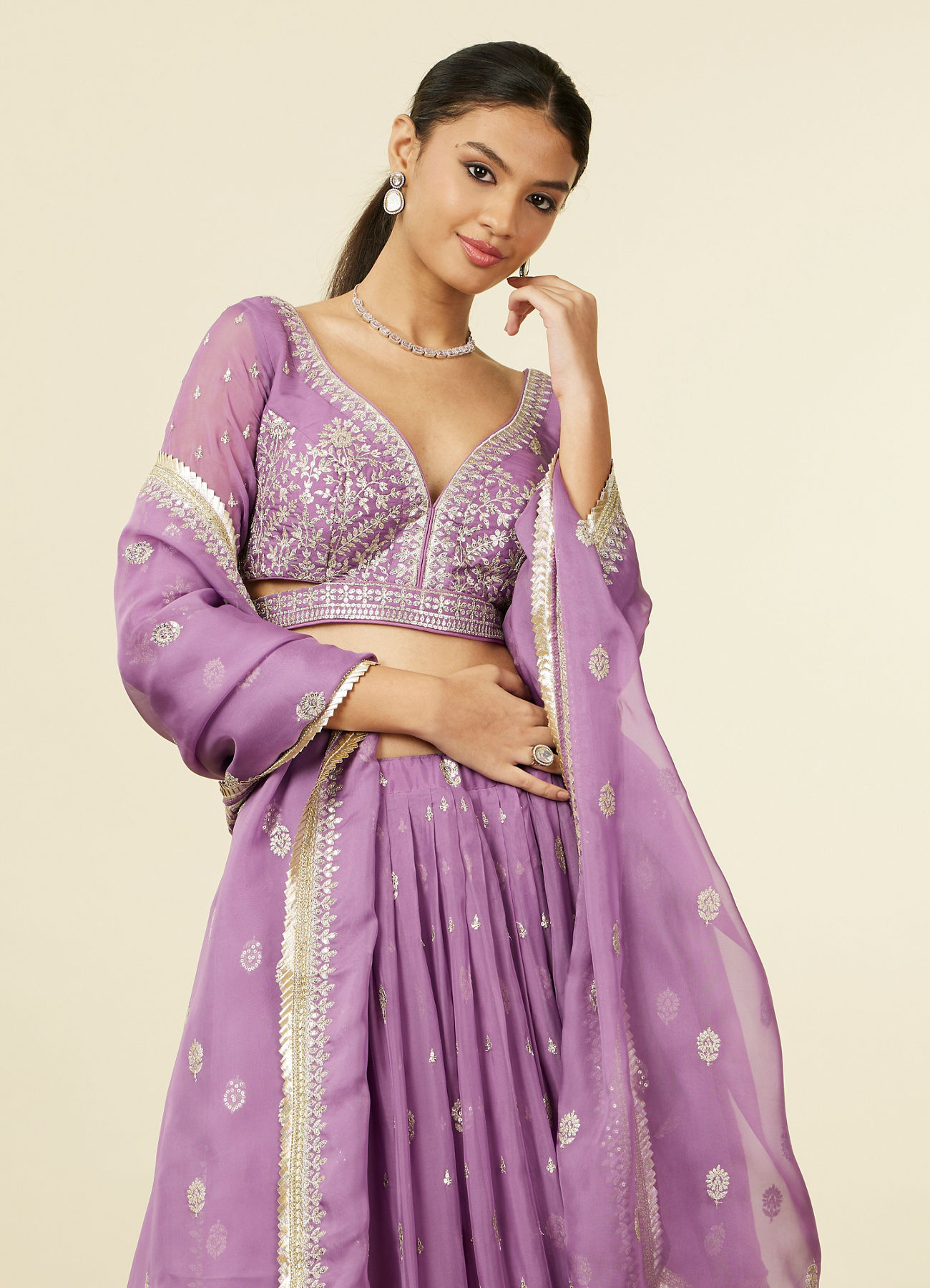 Mohey Women Purple Bel Buti Floral Patterned Lehenga Lehenga