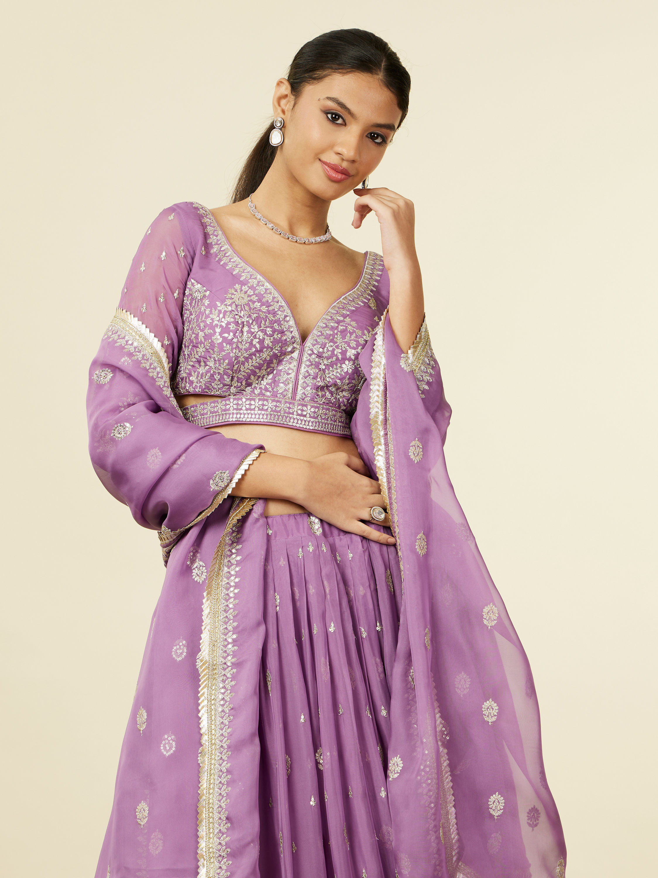 Mohey Women Purple Bel Buti Floral Patterned Lehenga Lehenga