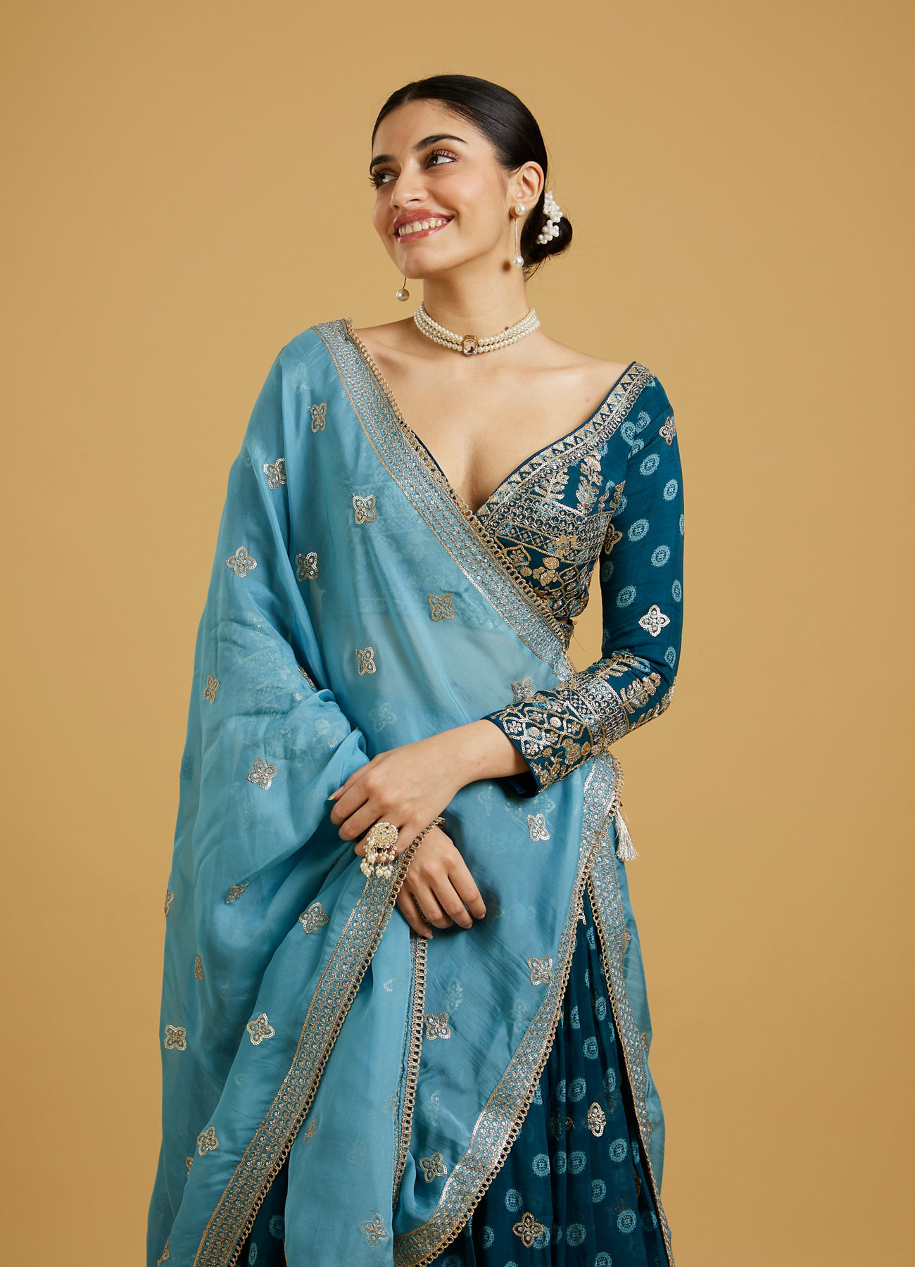 Mohey Women Azure Blooms in Organza Lehenga