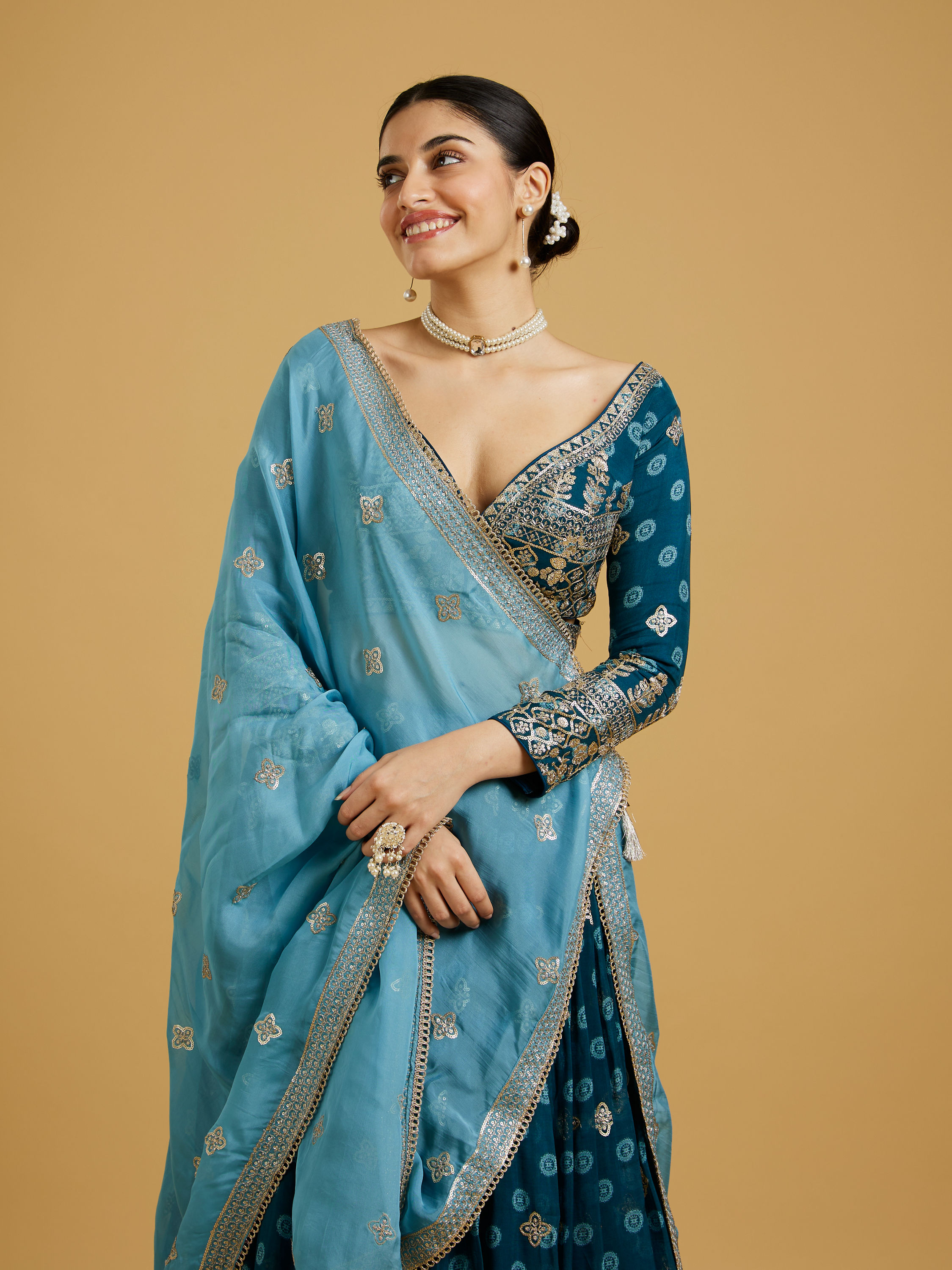 Mohey Women Azure Blooms in Organza Lehenga