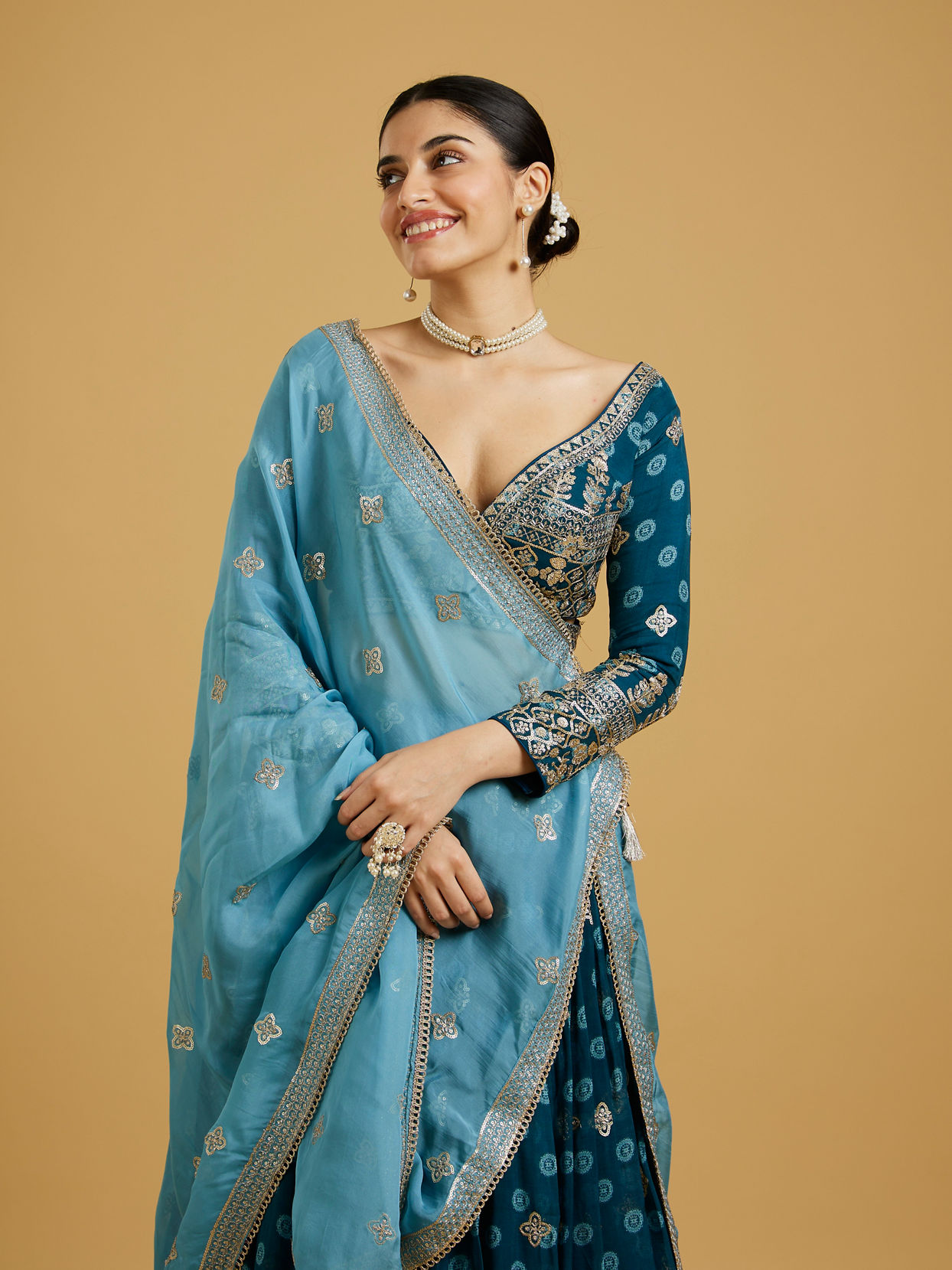 Mohey Women Azure Blooms in Organza Lehenga image number 1