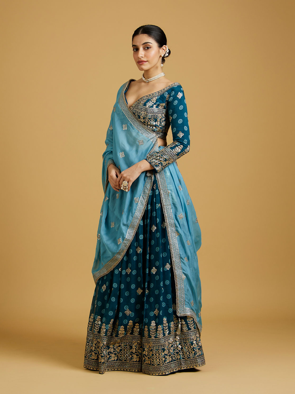 Mohey Women Azure Blooms in Organza Lehenga