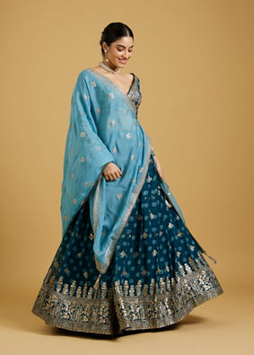 Mohey Women Azure Blooms in Organza Lehenga