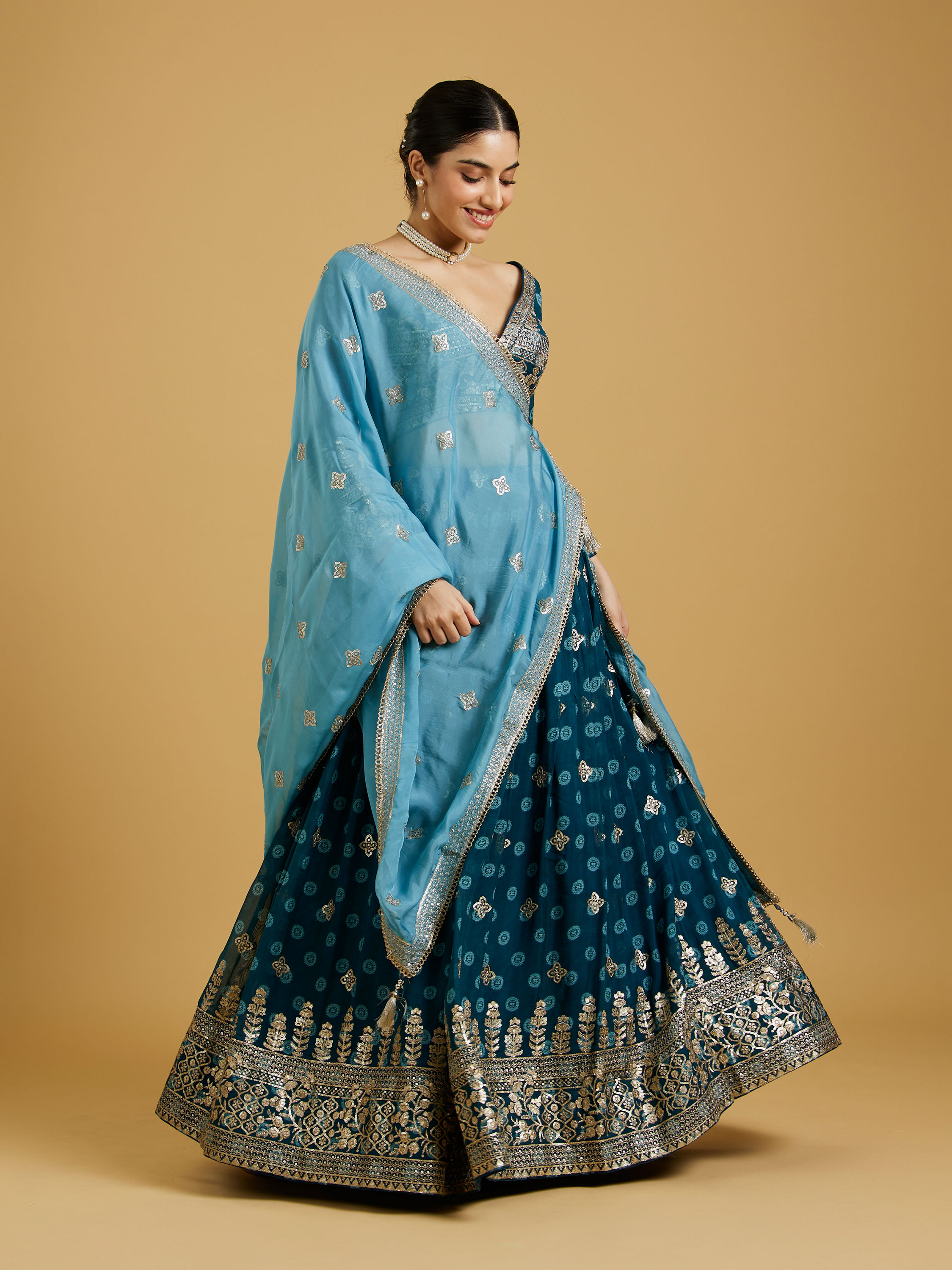 Mohey Women Azure Blooms in Organza Lehenga