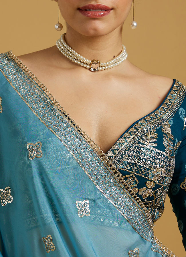 Mohey Women Azure Blooms in Organza Lehenga