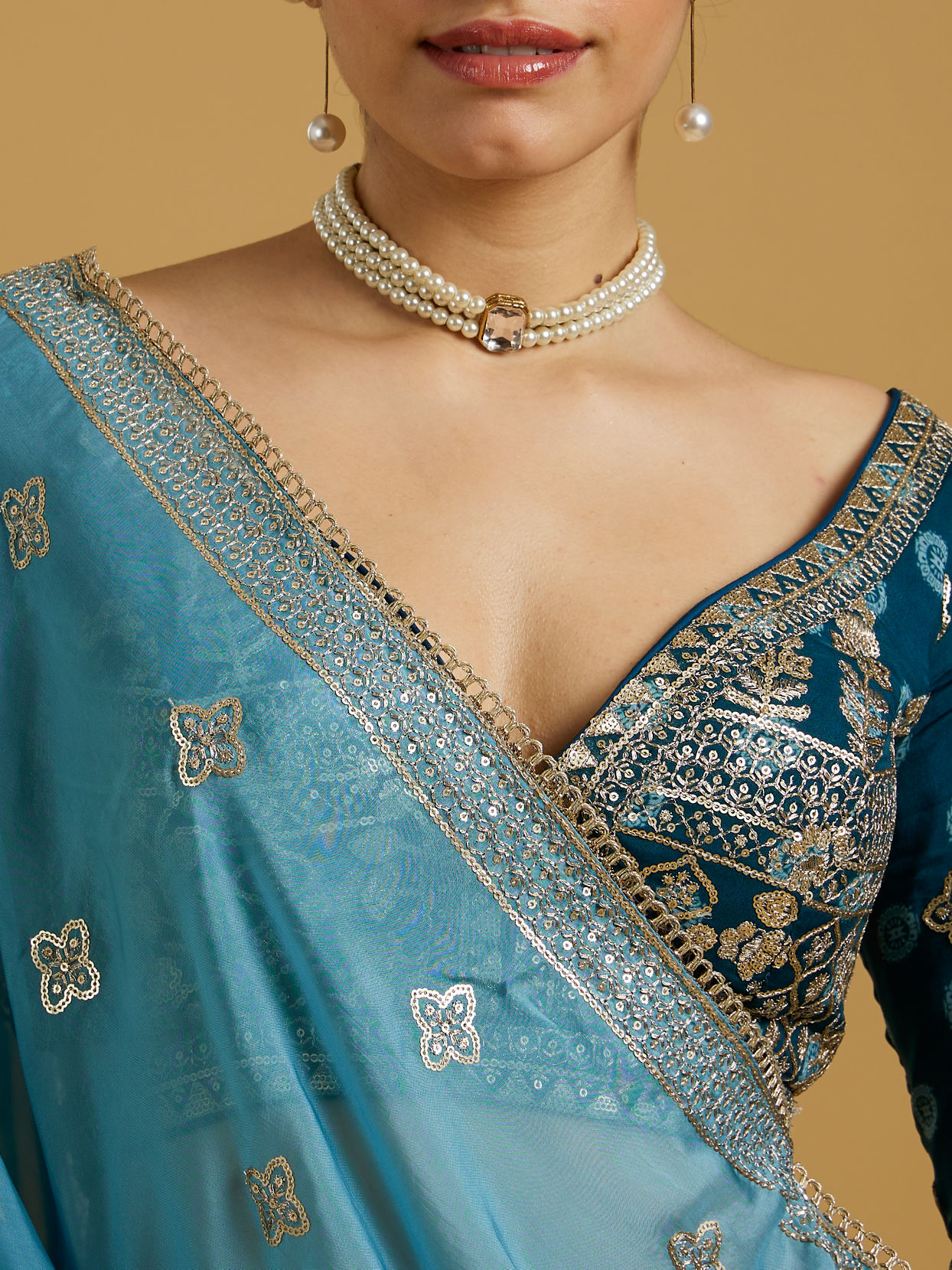 Mohey Women Azure Blooms in Organza Lehenga