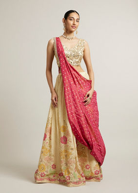 Mohey Women Dark Cream Floral Crop Top Lehenga with Mirror Work