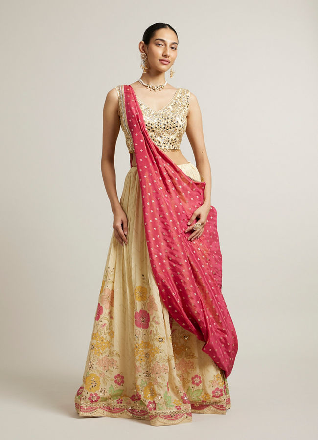 Mohey Women Dark Cream Floral Crop Top Lehenga with Mirror Work