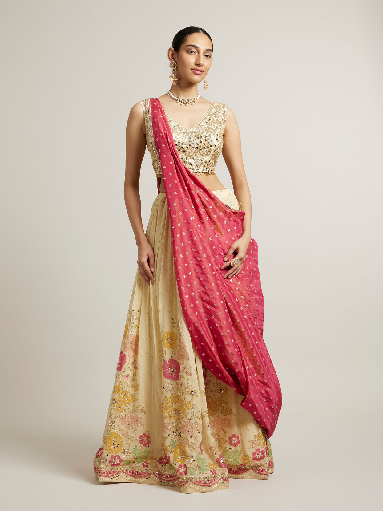 Mohey Women Dark Cream Floral Crop Top Lehenga with Mirror Work