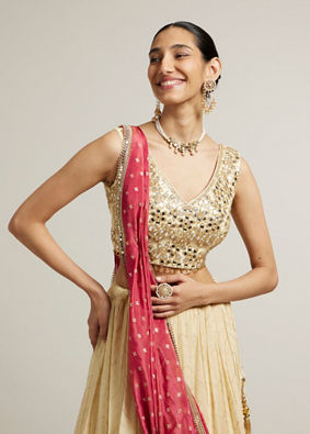 Mohey Women Dark Cream Floral Crop Top Lehenga with Mirror Work