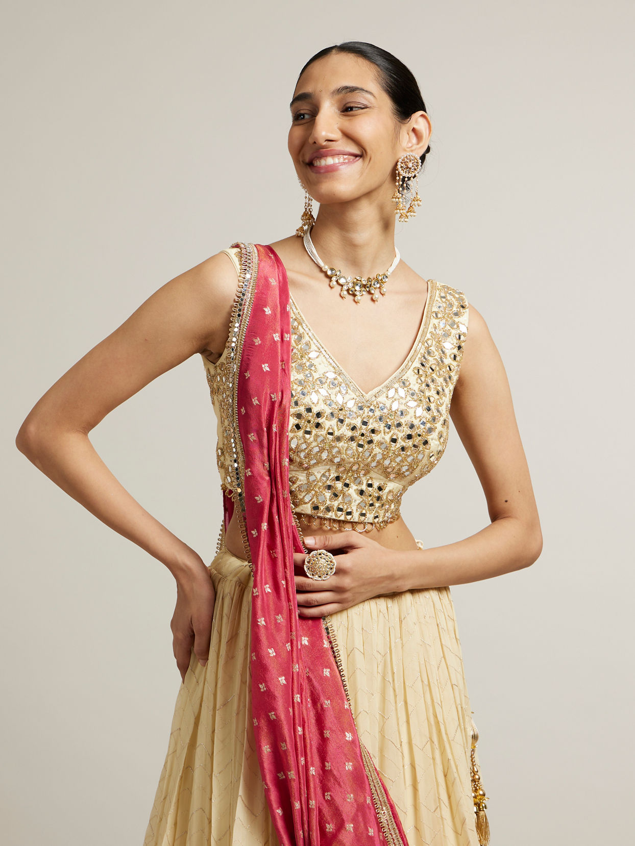 Mohey Women Dark Cream Floral Crop Top Lehenga with Mirror Work