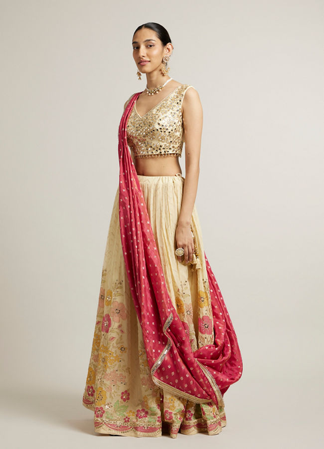 Mohey Women Dark Cream Floral Crop Top Lehenga with Mirror Work