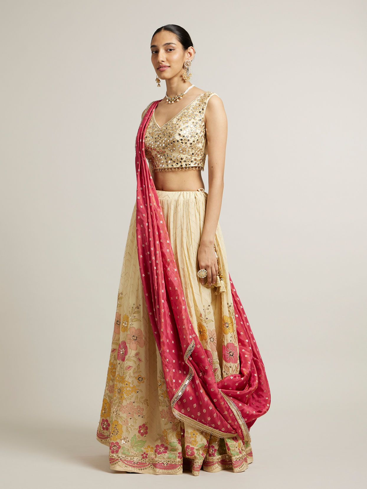 Mohey Women Dark Cream Floral Crop Top Lehenga with Mirror Work