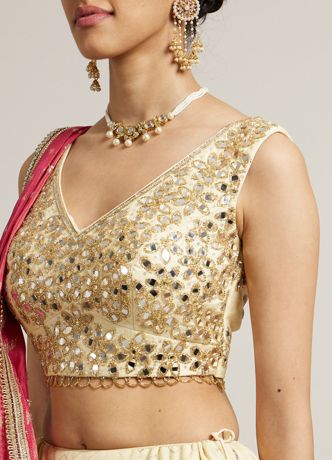 Mohey Women Dark Cream Floral Crop Top Lehenga with Mirror Work