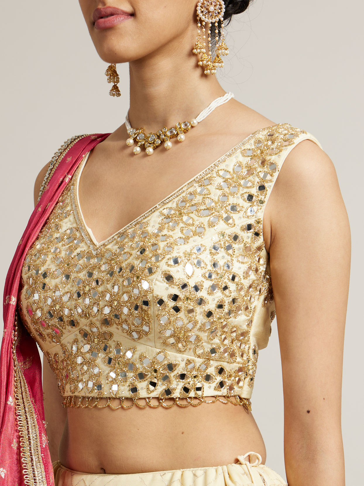 Mohey Women Dark Cream Floral Crop Top Lehenga with Mirror Work