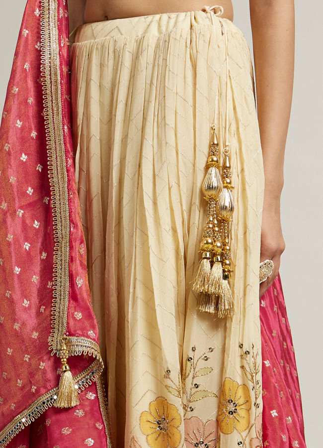 Mohey Women Dark Cream Floral Crop Top Lehenga with Mirror Work