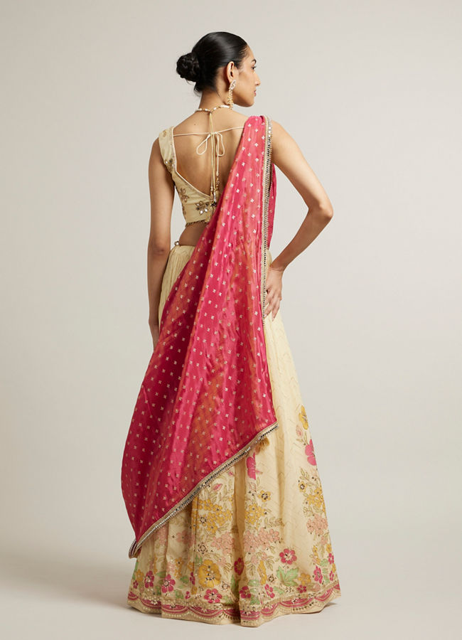 Mohey Women Dark Cream Floral Crop Top Lehenga with Mirror Work
