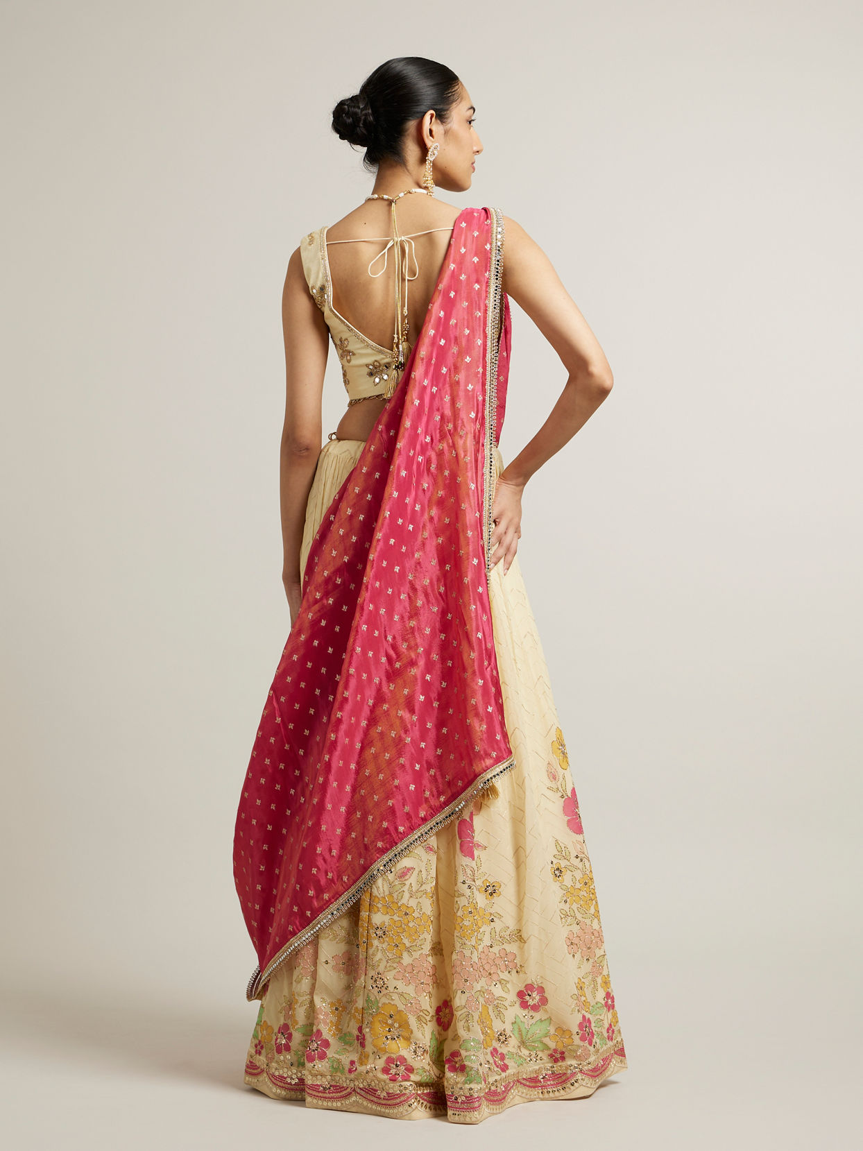 Mohey Women Dark Cream Floral Crop Top Lehenga with Mirror Work