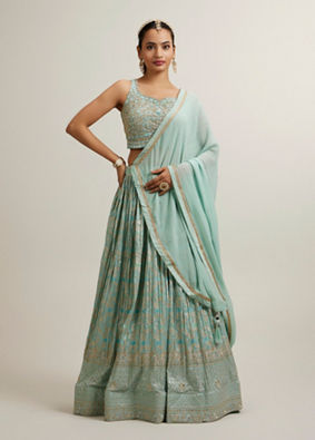 alt message - Mohey Women Exquisite Blue Lehenga image number 0