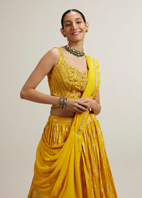 Mohey Women Vivid Yellow Silk with Hand Embroidery Lehenga