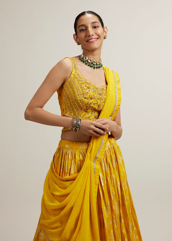 Mohey Women Vivid Yellow Silk with Hand Embroidery Lehenga