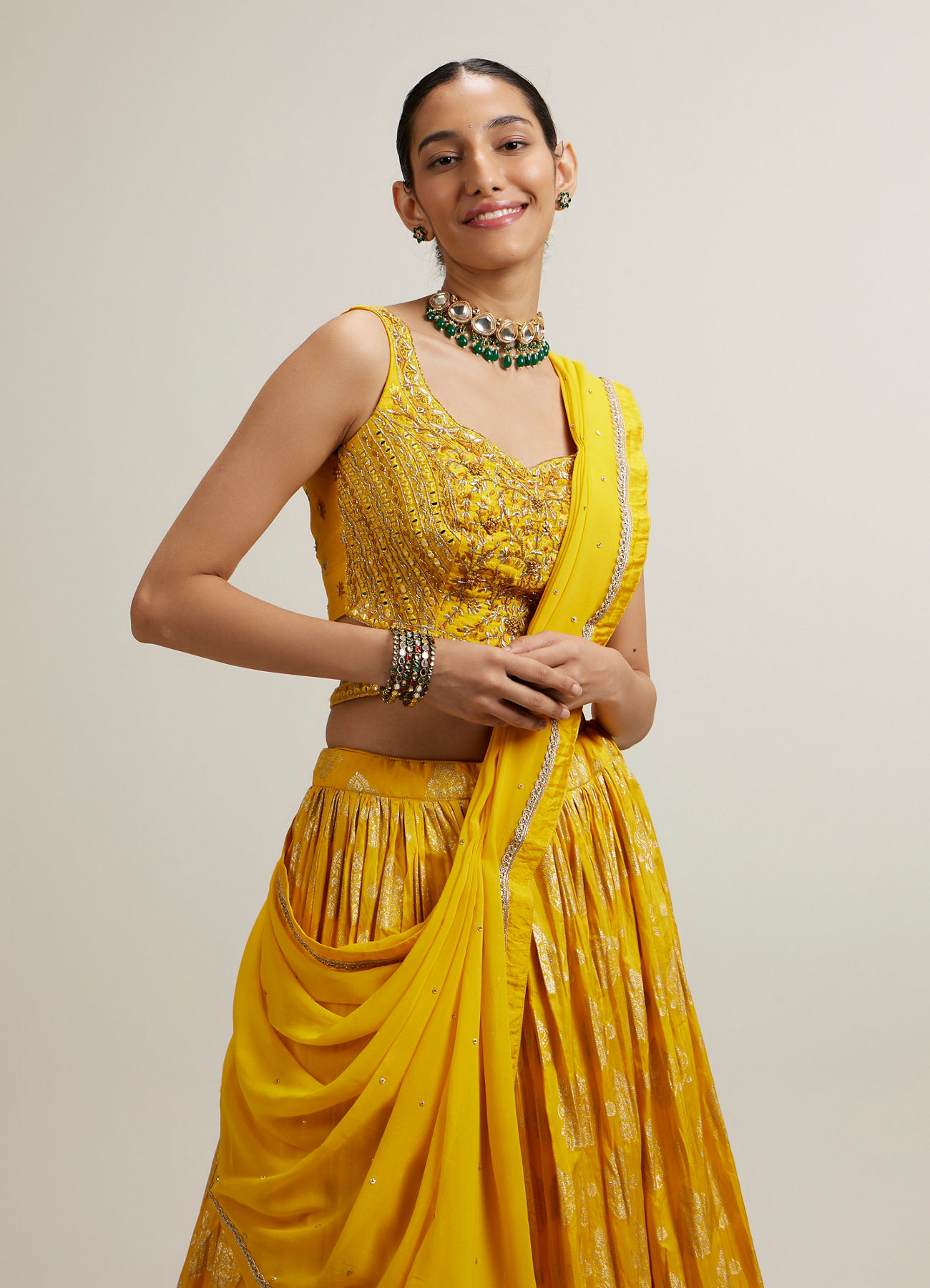 Mohey Women Vivid Yellow Silk with Hand Embroidery Lehenga