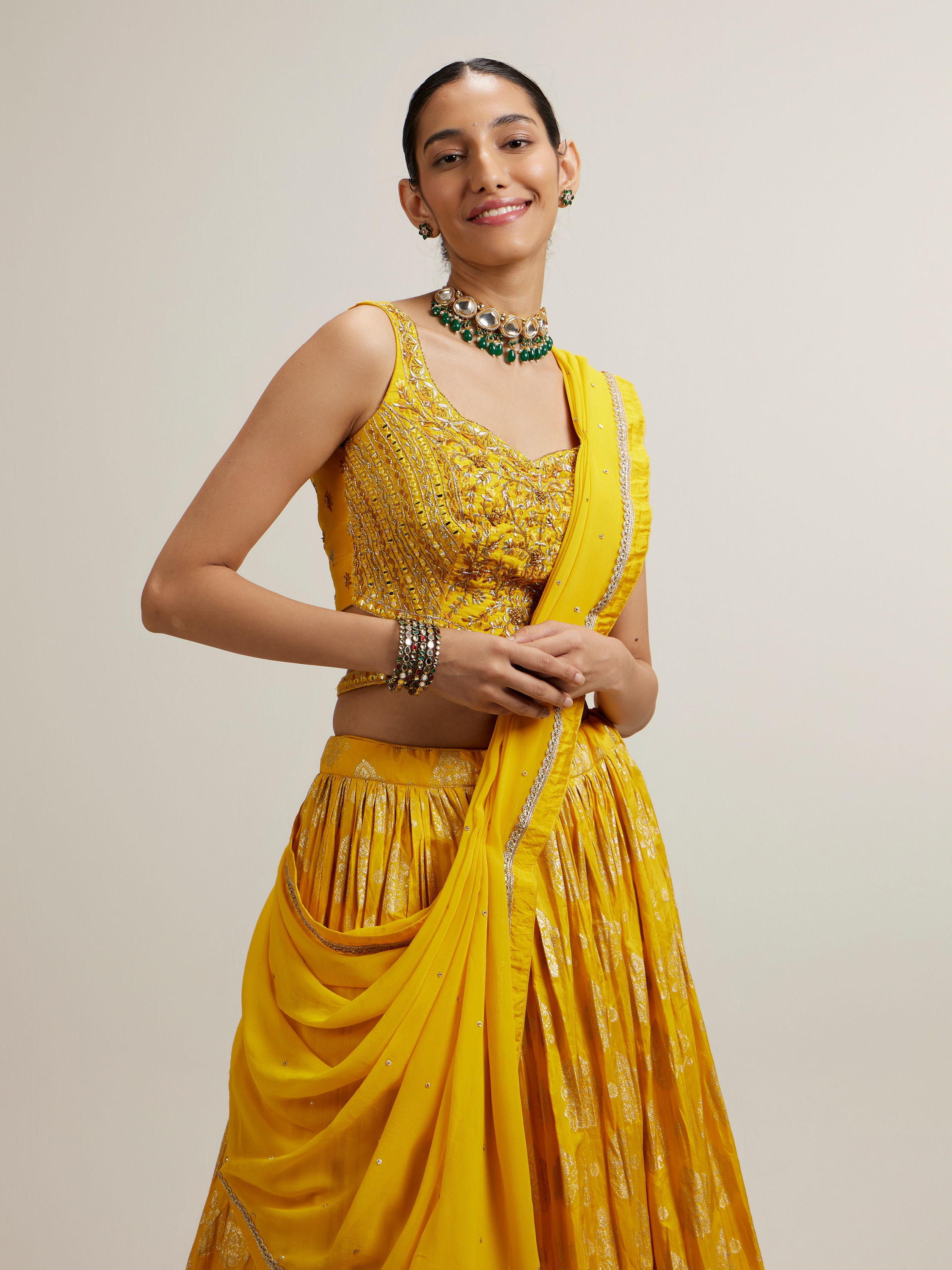 Mohey Women Vivid Yellow Silk with Hand Embroidery Lehenga