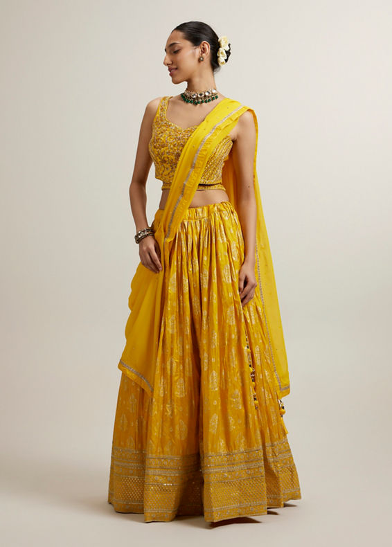 Mohey Women Vivid Yellow Silk with Hand Embroidery Lehenga