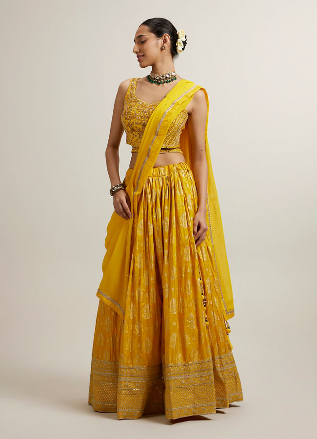 Mohey Women Vivid Yellow Silk with Hand Embroidery Lehenga