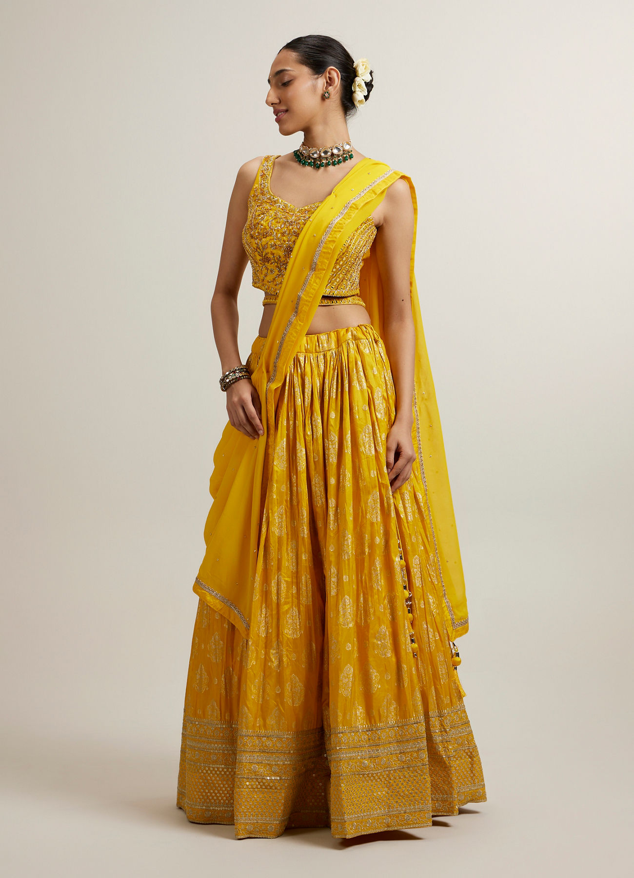 Mohey Women Vivid Yellow Silk with Hand Embroidery Lehenga