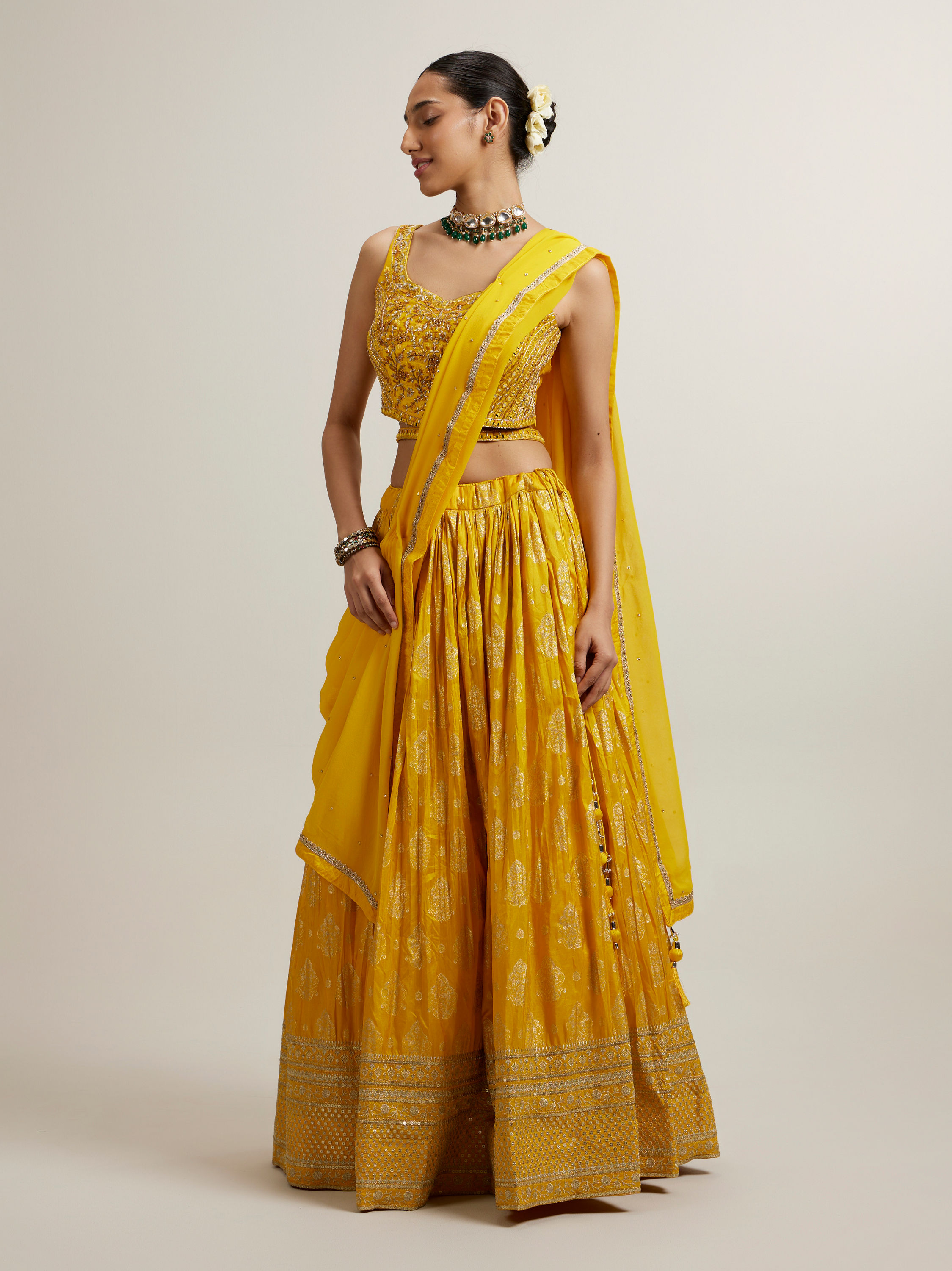 Mohey Women Vivid Yellow Silk with Hand Embroidery Lehenga
