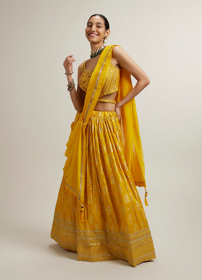 Mohey Women Vivid Yellow Silk with Hand Embroidery Lehenga