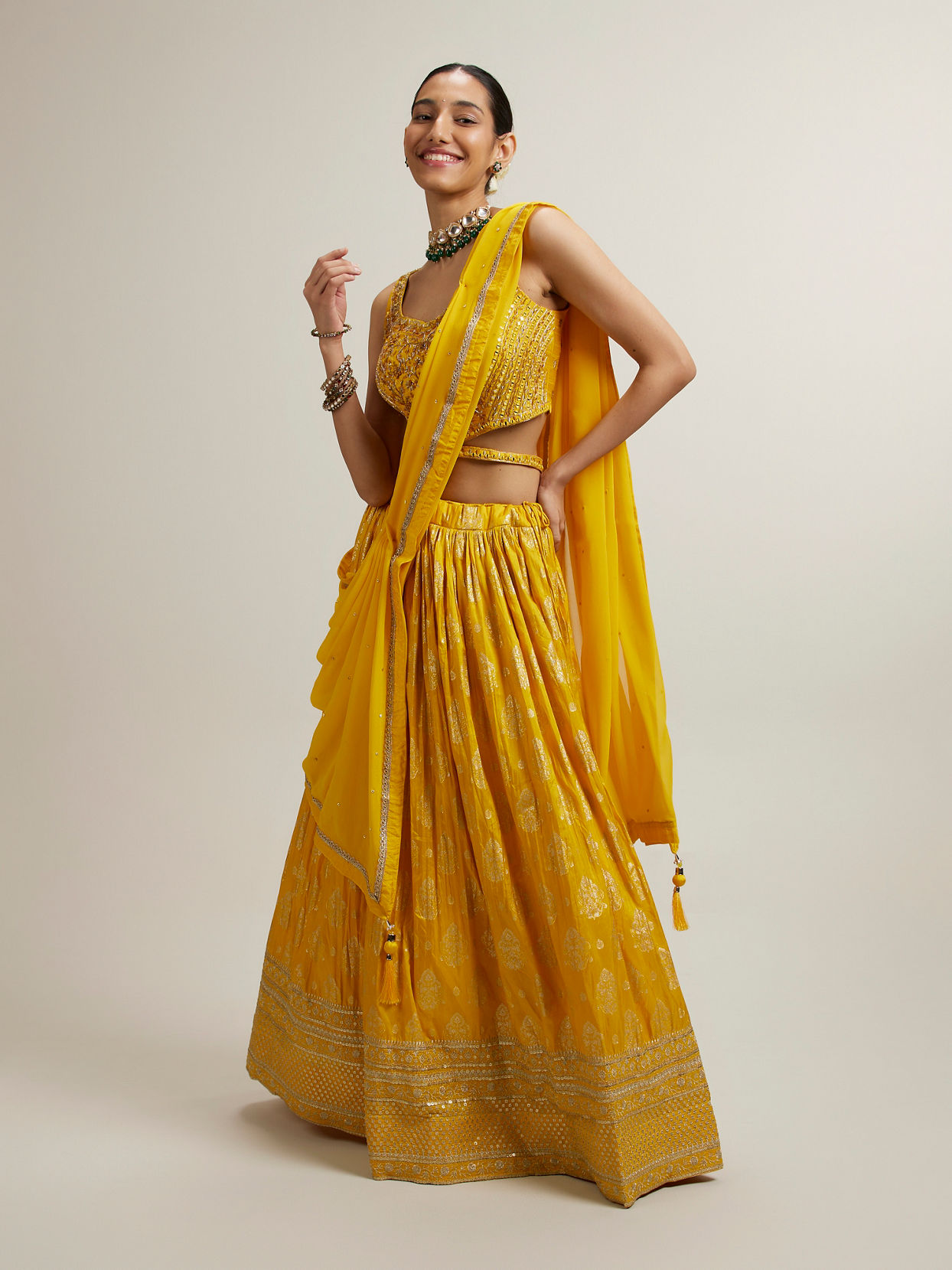 Mohey Women Vivid Yellow Silk with Hand Embroidery Lehenga