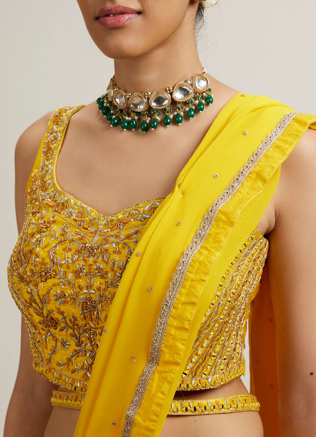 Mohey Women Vivid Yellow Silk with Hand Embroidery Lehenga