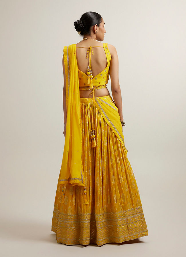 Mohey Women Vivid Yellow Silk with Hand Embroidery Lehenga